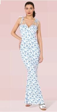 Parthea Maxi Dress Small Blue Floral Tie Strap Slinky Bodycon Cottagecore Soft